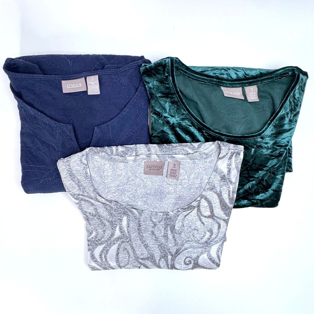 CHICOS Bundle of 3 Tops‎ Sz 3 XL Silver Swirls Green Velvet Embroidered Navy